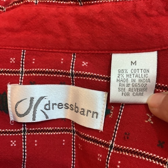 Dress Barn | Red Green Gold Xmas Tree Plaid Metallic Thread Button Down Shirt M - Picture 16 of 17
